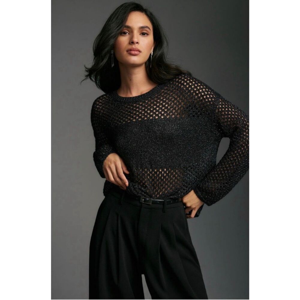 NWT Anthropologie Pilcro Metallic Open Knit Shimmer Sweater Black Size Small